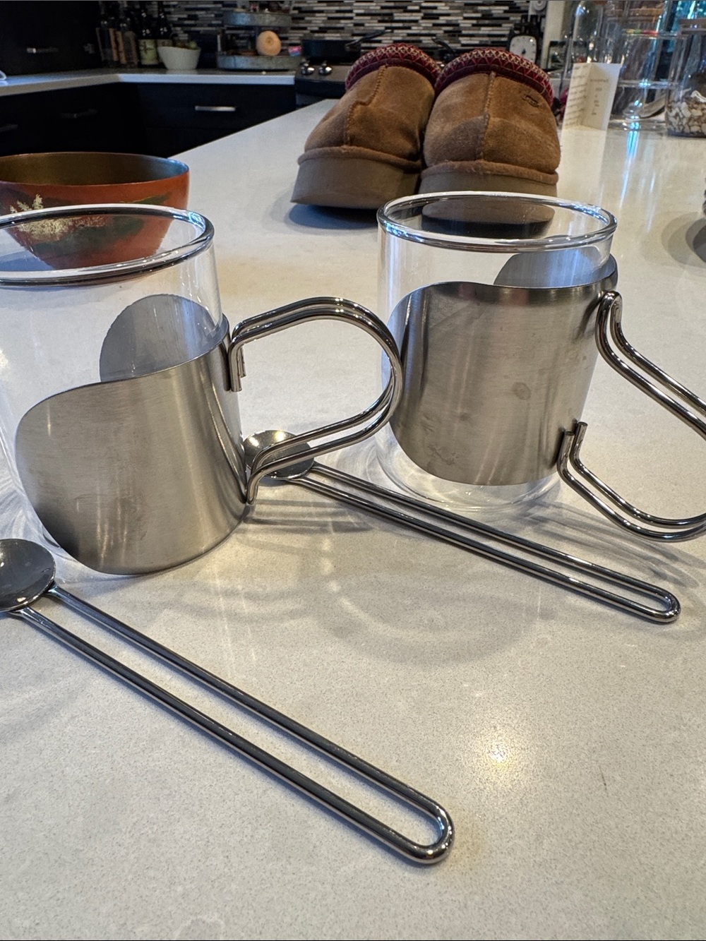 Stainless Steel and Glass Walled expresso Mugs - Set of 2 with spoons.